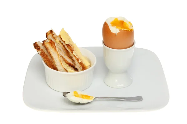 Boiled egg and soldiers — Stock Photo, Image