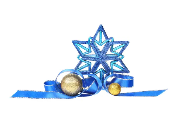 Juldekoration Blå Glitter Stjärna Med Grannlåt Och Blått Och Silver — Stockfoto