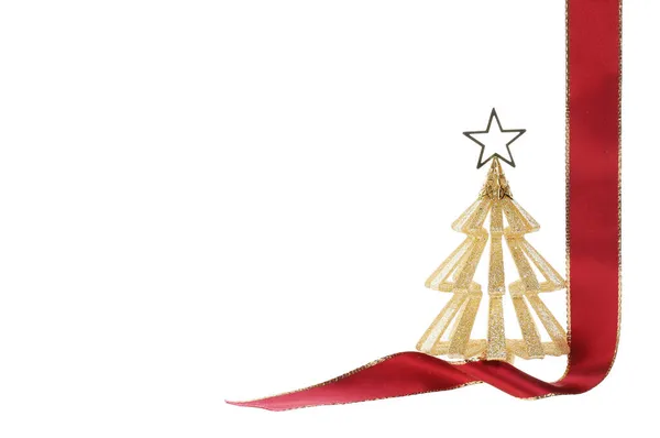 Weihnachtsdekoration Rotes Band Mit Goldenen Fransen Und Glitzerndem Weihnachtsbaum Isoliert — Stockfoto