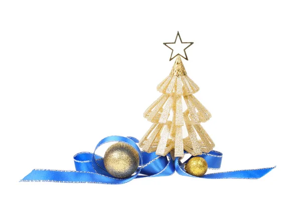 Christmas Decoration Gold Glitter Tree Ornament Baubles Blue Ribbon Isolated — Stock Photo, Image