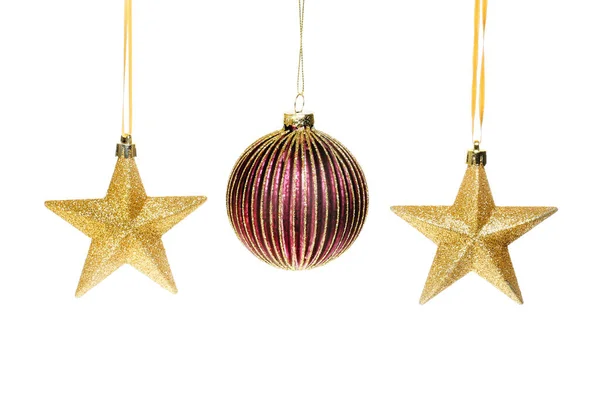 Décoration Noël Boule Rouge Avec Deux Étoiles Dorées Paillettes Isolées — Photo