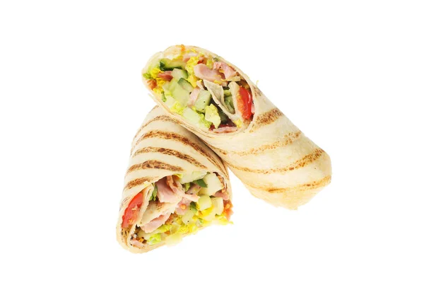 Bacon Lettuce Tomato Chargrilled Tortilla Wraps Isolated White — стоковое фото
