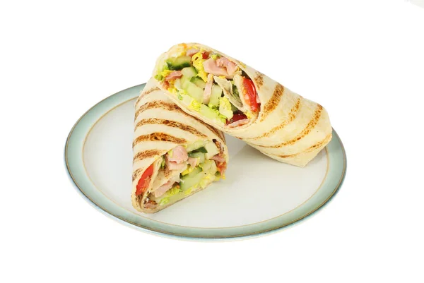 Bacon Lettuce Tomato Chargrilled Tortilla Wraps Plate Isolated White — Fotografia de Stock