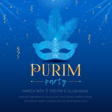 Happy Purim, Jewish holiday celebration party invitation. Masquerade Carnival mask with feathers, sparkles, golden serpentine, and 3d text on blue background Vector illustration.