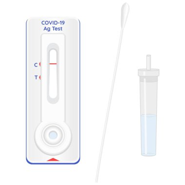 Covid-19 Hızlı Antijen testi. Coronavirus numunesini lisis tamponunda değiş tokuş eder, reaksiyonlarla soyar, antijen molekülleriyle sonuçlanır. Vektör illüstrasyonu.