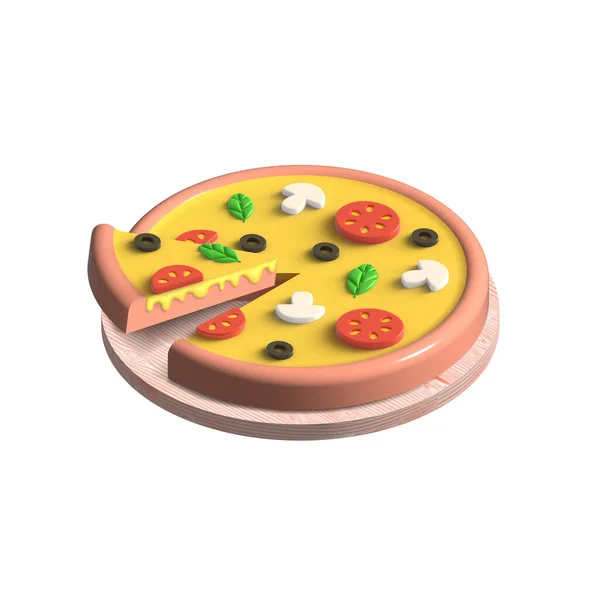Pizza Med Svamp Oliver Tomater Och Basilika Träskiva Isolerad Illustration — Stockfoto