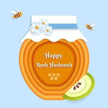 Rosh Hashanah, Yahudi Yeni Yıl bayramı balı, elma, kağıt çiçekler ve uçan arıların sembolleriyle bayrağı selamlıyor. Kağıt kesimi vektör çizimi şablonu.