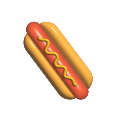 Hardallı çizgi film ikonu resimleriyle kaplı bir topuz içinde 3D Hot Dog. Beyaz arka planda karikatür tarzında izole edilmiş 3D Fast Food hot dog konsepti.