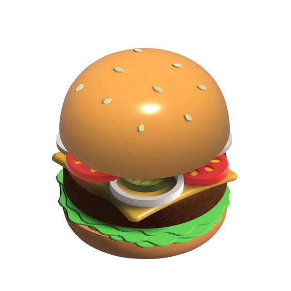 Hamburger cartoon style isolated on white. 3d rendering illustration of burger or cheeseburger with tomato, pickles, onion, and lettuce.