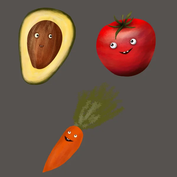 Kiwi Markov Tomate Con Ojos Boca Ilustración Dibujada Mano Verduras — Foto de Stock