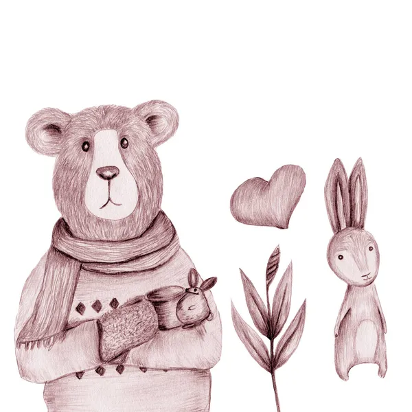 배경에 토끼와 잔가지가 스웨터를 손으로 연필로 동물귀엽게 부분들 — 스톡 사진