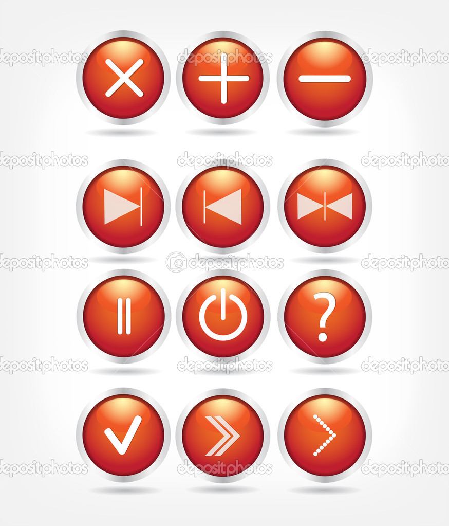 A set of red glass buttons with arrows and math signs