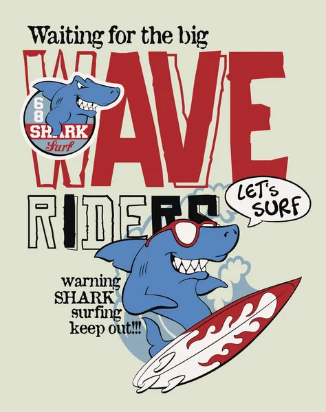 Wave Rider Haai Surf Team Schattig Vector Print Voor Kinderen — Stockvector