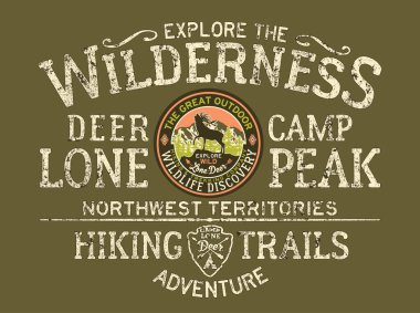 Vahşi doğayı keşfedin. Büyük vahşi hayatı keşfetme vektör çizimleri. Erkek t-shirt grunge etkisi ayrı katmanlarda.