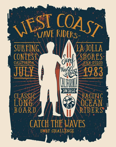 California Wave Rider Surf Competition Signboard Vector Artwork Boy Shirt — стоковий вектор