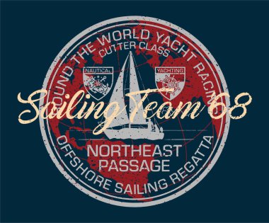 Round the world yacht race sailing team vintage nautical vector print for boy t shirt clipart