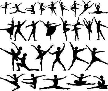Bale erkek kadın çocuk dansçı vektör siluet koleksiyonu