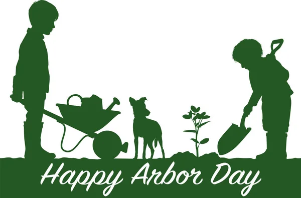 Ευτυχισμένη Ημέρα Arbor Παιδιά Φύτευση Δέντρο Διάνυσμα Σιλουέτα — Διανυσματικό Αρχείο