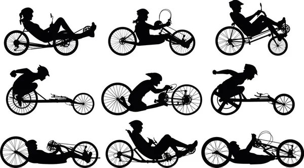 Man Woman Riding Hand Bike Recumbent Bicycle Vector Silhouette Collection — Wektor stockowy