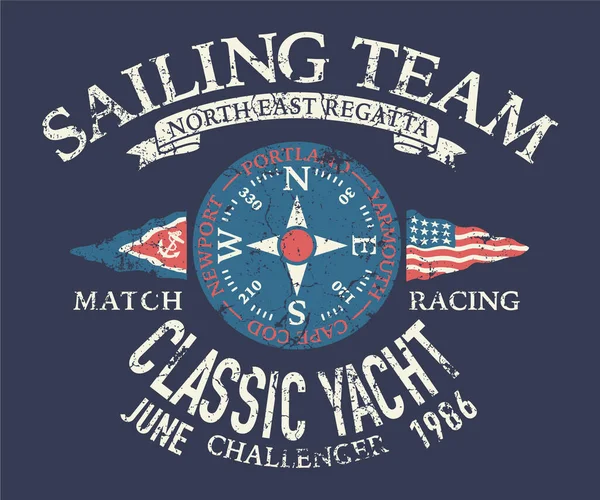 Classic Yacht Challenger Sailing Team Vintage Vector Print Kid Shirt — Stockvektor