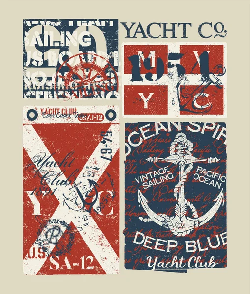 Vintage Marine Marine Étiquettes Patchwork Imprimé Vectoriel Grunge Pour Garçon — Image vectorielle