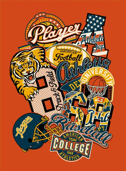 College Athletic Abteilung Aufkleber Patchwork Vintage Vektor Artwork Für Boy — Stockvektor