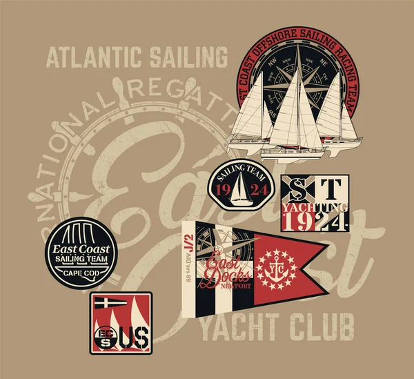 Atlantic Ocean Navigation Club Náutico Equipo Vela Vintage Vector Print — Archivo Imágenes Vectoriales