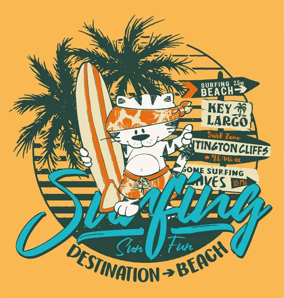 Leuke Cartoon Surfer Kat Het Strand Met Palmen Vector Kunstwerk — Stockvector