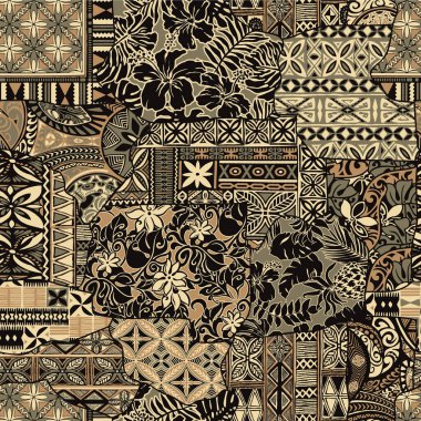 Hawaii tarzı amber çiçeği ve kabile kumaş yaması soyut vintage dikişsiz vektör deseni 