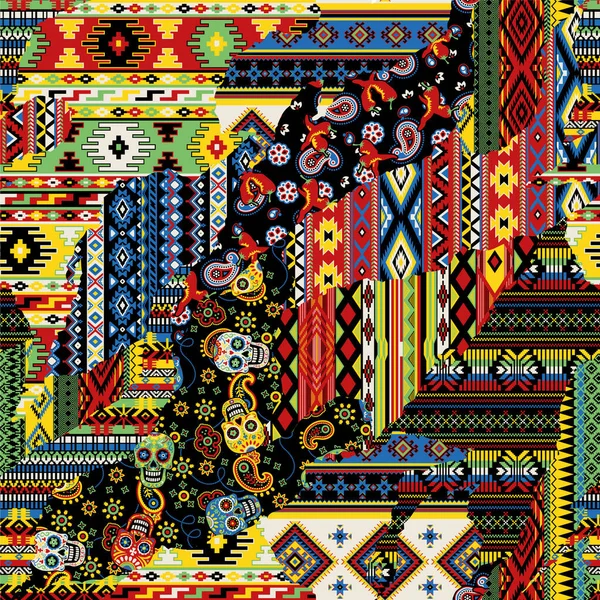 Estilo Mexicano Tradicional Tela Patchwork Vector Abstracto Patrón Sin Costura — Vector de stock