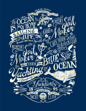 Çocuk t-shirt grunge efekti için klasik denizcilik ve yelken unsurları yama soyut vektör baskısı ayrı katman