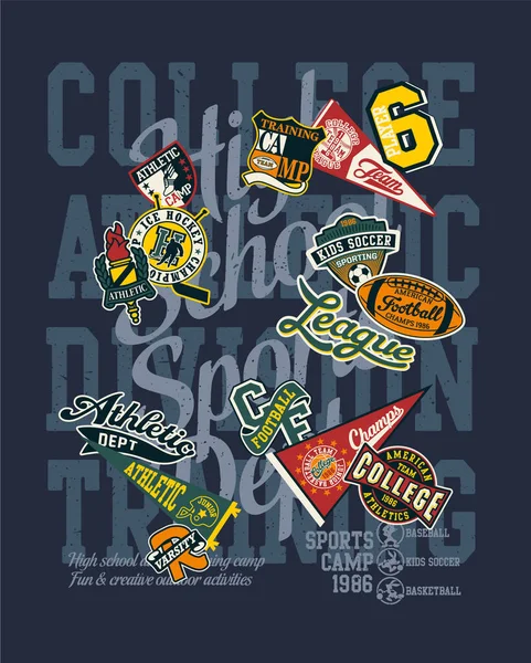 College Atletische Afdeling Sportieve Team Badges Collectie Vintage Vector Print — Stockvector