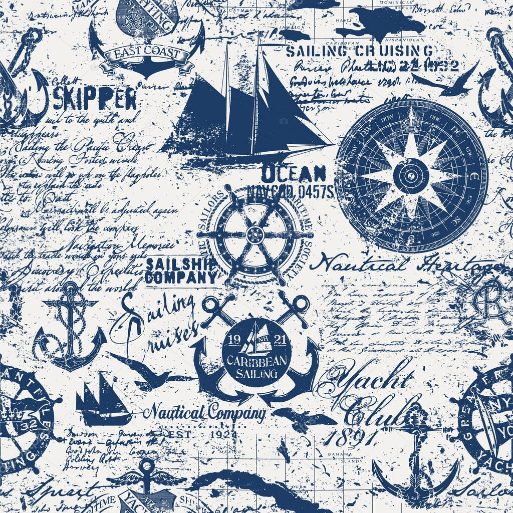 Caribbean sailing cruises nautical elements collage grunge marine wallpaper vector seamless pattern