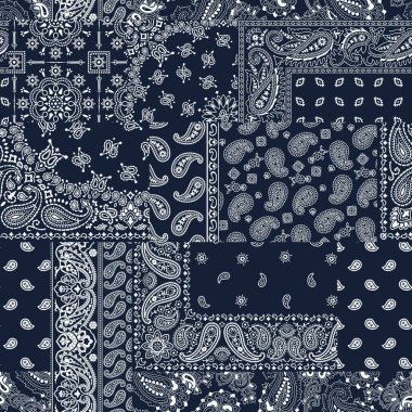 Mavi bandana mendil desenli kumaş yama soyut vektör dikişsiz desen 