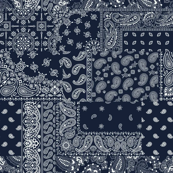 Blue Bandana Kerchief Paisley Fabric Patchwork Abstract Vector Seamless Pattern — Stock Vector