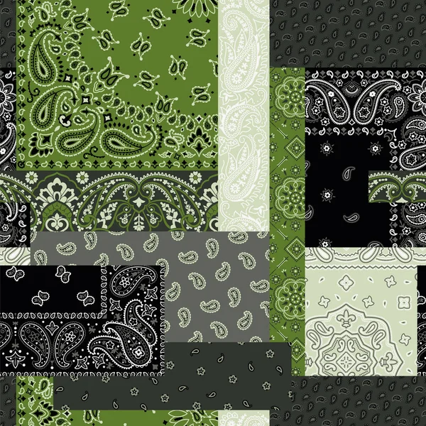 Black Green Paisley Bandana Fabric Patchwork Abstract Vector Seamless Pattern — стоковый вектор