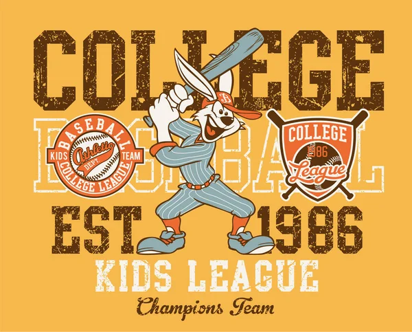 Cute Cartoon Rabbit College Baseball League Vector Print Children Wear — Archivo Imágenes Vectoriales