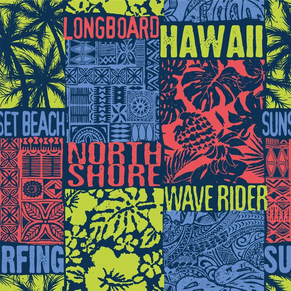 夏威夷风格的芙蓉和部落元素面料拼凑而成的抽象年份矢量无缝图案 — 图库矢量图片