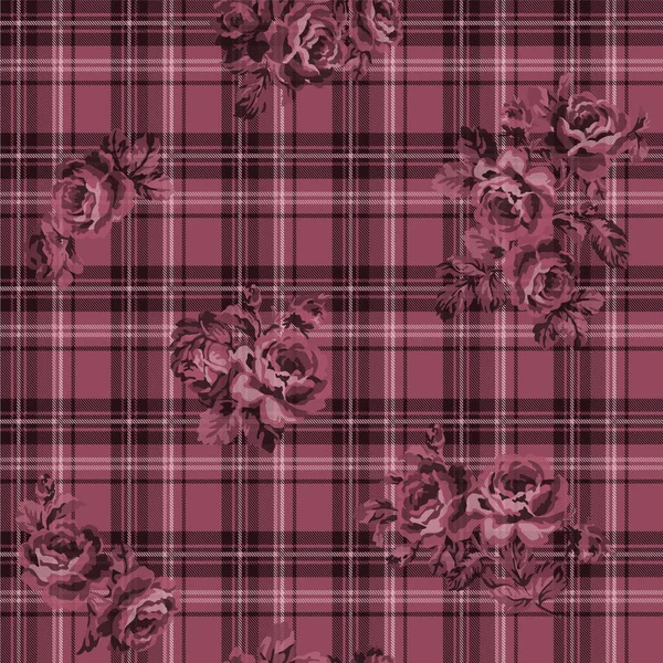 Abstract Roses Flowers Tartan Plaid Background Vintage Vector Seamless Pattern — ストックベクタ