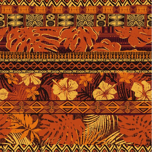 ハワイアンスタイルのハイビスカスと部族要素ファブリックパッチワーク抽象ヴィンテージベクトルシームレスパターン — ストックベクタ