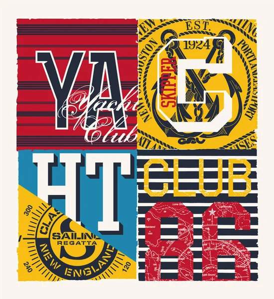 Yacht Club Sailing Nautical Elements Patchwork Vector Print Boy Shirt — Vettoriale Stock