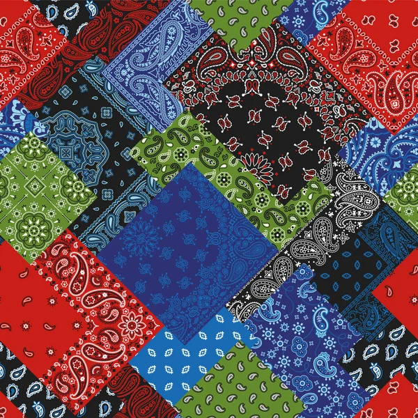 Diagonal Paisley Bandana Fabric Patchwork Abstract Vector Seamless Pattern — стоковый вектор