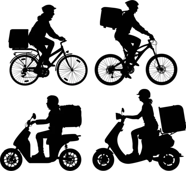 Food Delivery Service People Riders Vector Silhouette — Stockvector