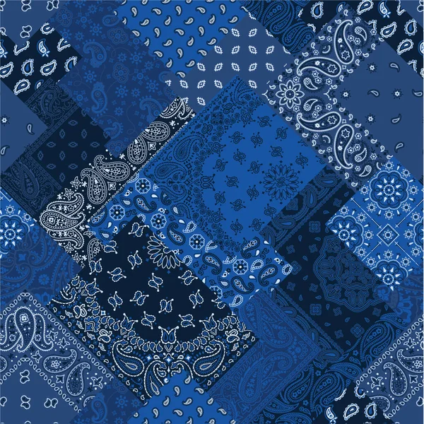 Blue Diagonal Paisley Bandana Fabric Patchwork Abstract Vector Seamless Pattern — Stock Vector