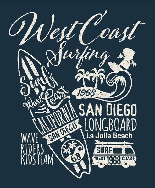 California Long Beach Dzieci Surfing Zespół Cute Wektor Wydruku Dla — Wektor stockowy