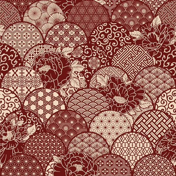 Pfingstrosenblumen Mit Traditionellen Japanischen Stoffmotiven Patchwork Vektor Nahtlose Muster — Stockvektor