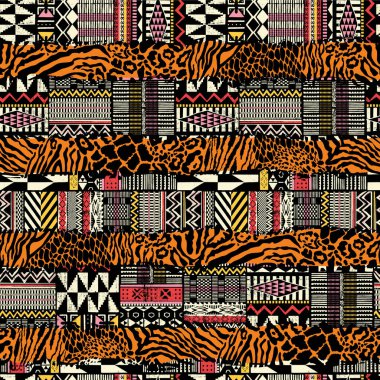 Geleneksel Afrika kumaşı ve vahşi hayvan derisi yama yamama deseni