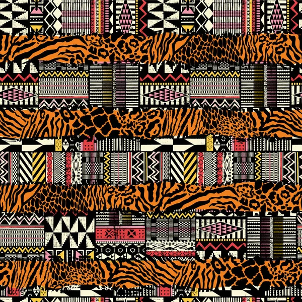 Traditional african fabric and wild animal skins patchwork vector seamless pattern