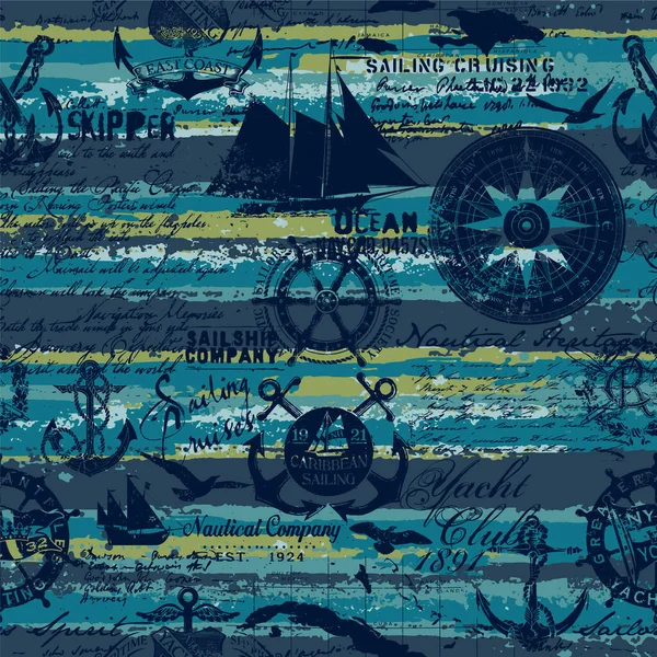 Grunge Námořní Prvky Pruhované Tapety Abstraktní Vektor Bezešvé Vzor — Stockový vektor