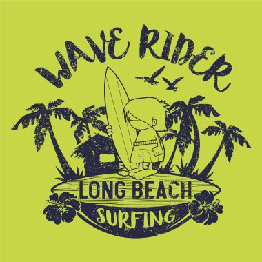 Yaz için şirin Long Beach sörfçüsü vektör baskısı. Çocuklar grunge efektlerini farklı katmanlarda giyerler.